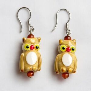 Handmade Lampwork Glass Owl Earrings – Brown & White – Boutique Artisan Style